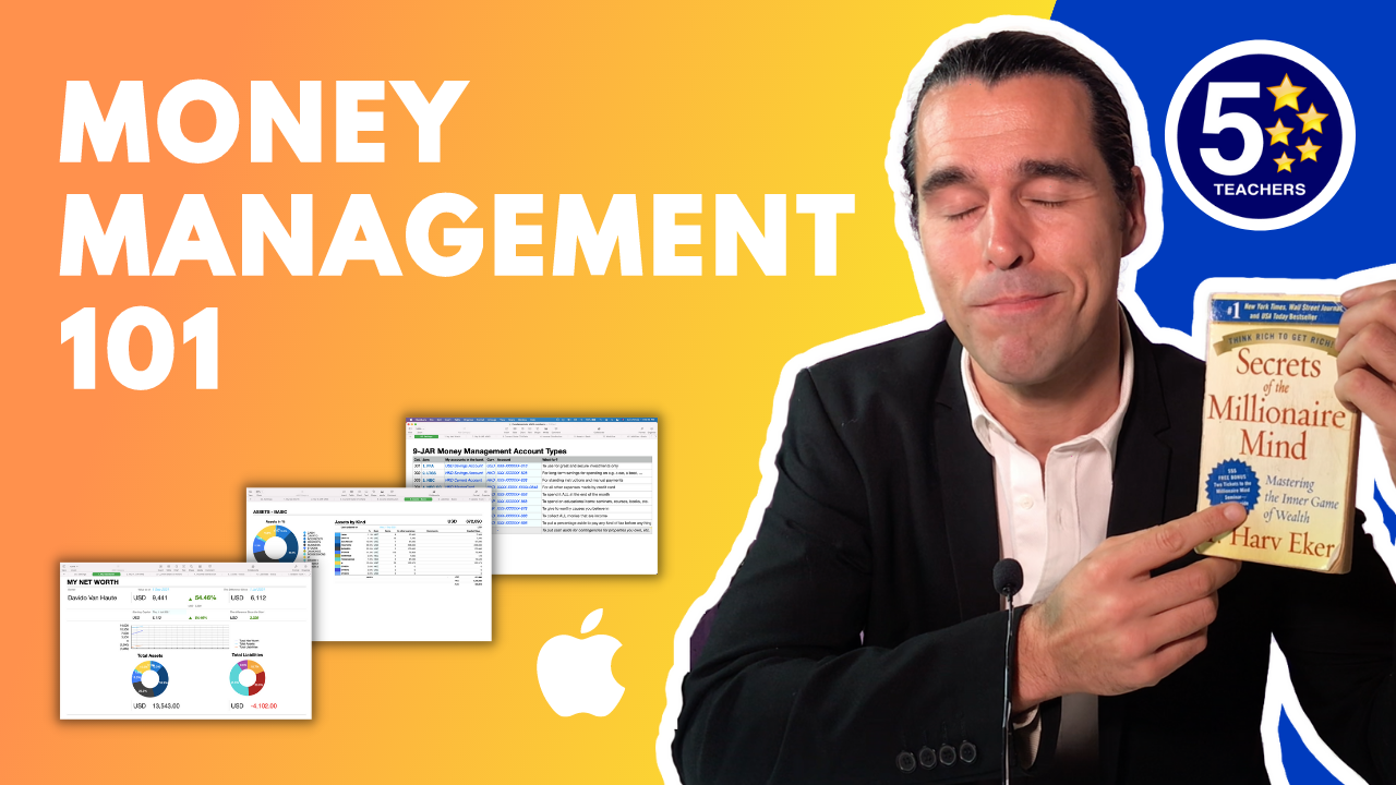 A YouTube-style thumbnail showing text and Davido Van Haute with a white outline around his body holding a book in his hands pointing at the book with eyes closed a logo of 5StarTeachers, and several screenshots of his money management system made for Mac